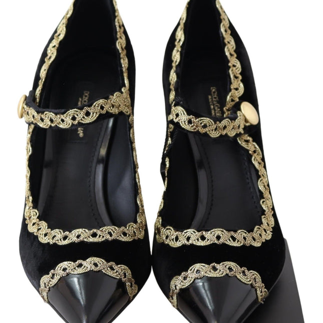 Dolce & Gabbana Black Velvet Gold Mary Janes Pumps