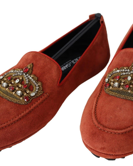 Dolce & Gabbana Orange Leather Crystal Crown  Loafers Shoes