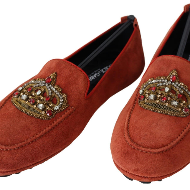 Dolce & Gabbana Orange Leather Crystal Crown  Loafers Shoes