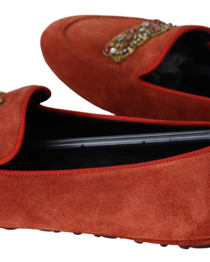 Dolce & Gabbana Orange Leather Crystal Crown  Loafers Shoes