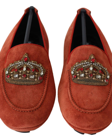 Dolce & Gabbana Orange Leather Crystal Crown  Loafers Shoes