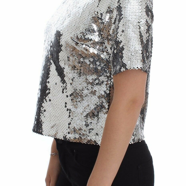 Dolce & Gabbana Silver Sequined Crewneck Blouse T-shirt Top