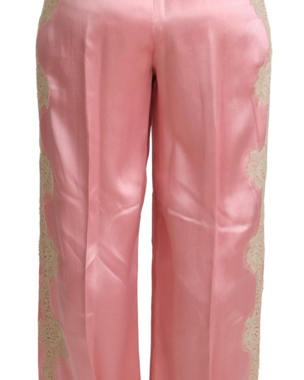 Dolce & Gabbana Pink Lace Trimmed Silk Satin Wide Legs Pants