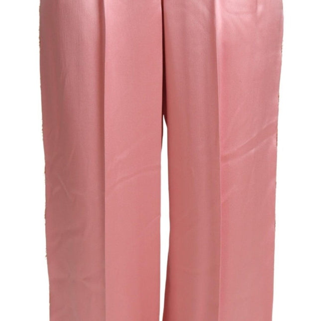 Dolce & Gabbana Pink Lace Trimmed Silk Satin Wide Legs Pants
