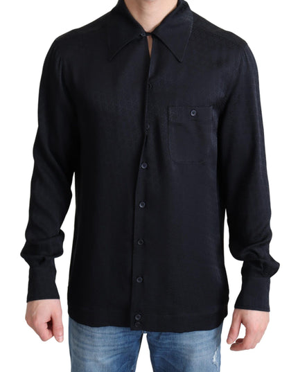 Dolce & Gabbana Black Jacquard Silk Casual Button Down Shirt