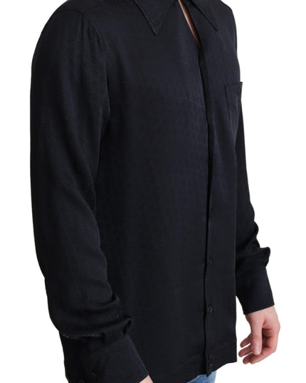 Dolce & Gabbana Black Jacquard Silk Casual Button Down Shirt