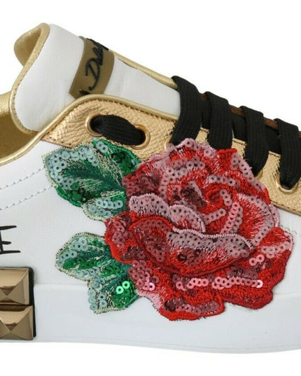 Dolce & Gabbana White Roses Sequined Crystal Womens Sneakers Shoes