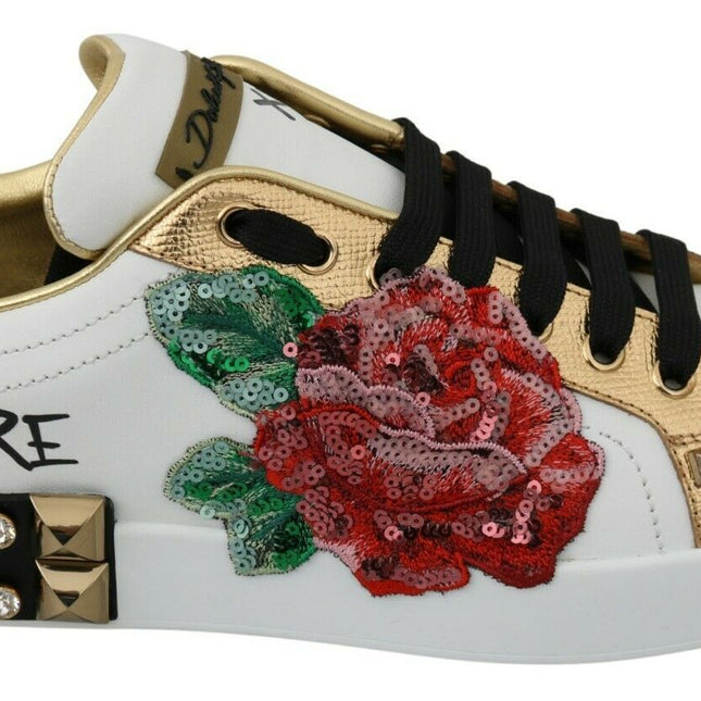 Dolce & Gabbana White Roses Sequined Crystal Womens Sneakers Shoes