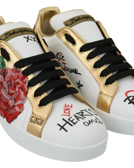 Dolce & Gabbana White Roses Sequined Crystal Womens Sneakers Shoes