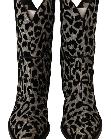 Dolce & Gabbana Gray Black Leopard Cowboy Boots Shoes