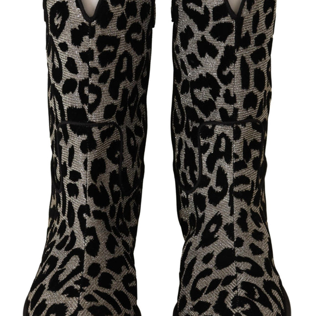 Dolce & Gabbana Gray Black Leopard Cowboy Boots Shoes