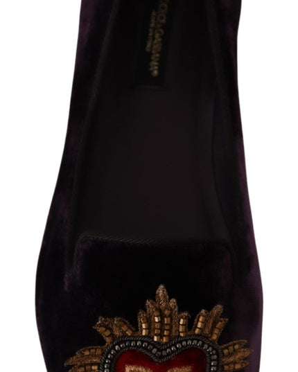 Dolce & Gabbana Purple Velvet DG Heart Loafers Flats Shoes
