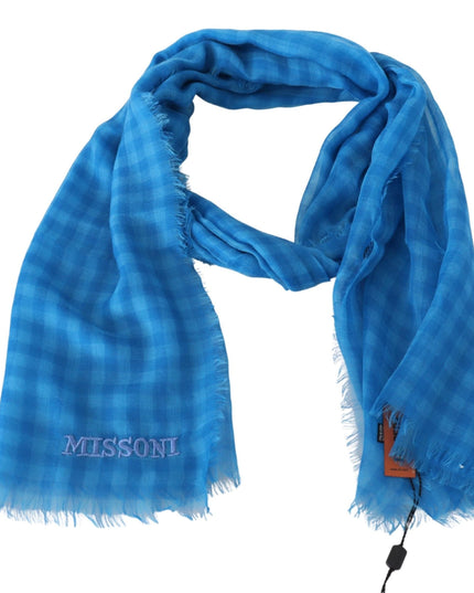 Missoni Blue Checkered Cashmere Unisex Wrap Fringes Scarf