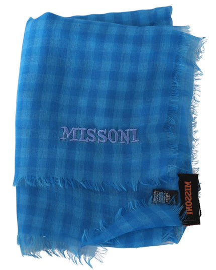 Missoni Blue Checkered Cashmere Unisex Wrap Fringes Scarf