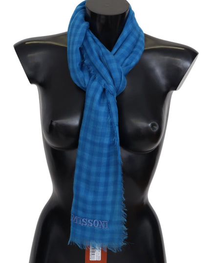 Missoni Blue Checkered Cashmere Unisex Wrap Fringes Scarf