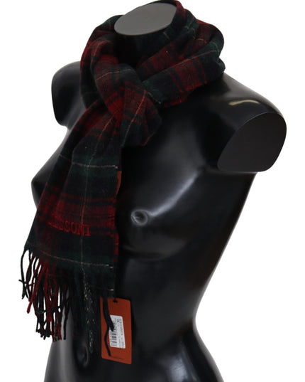 Missoni Black Red Check Wool Unisex Neck Wrap Fringes Scarf