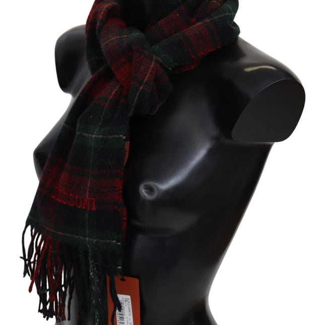 Missoni Black Red Check Wool Unisex Neck Wrap Fringes Scarf