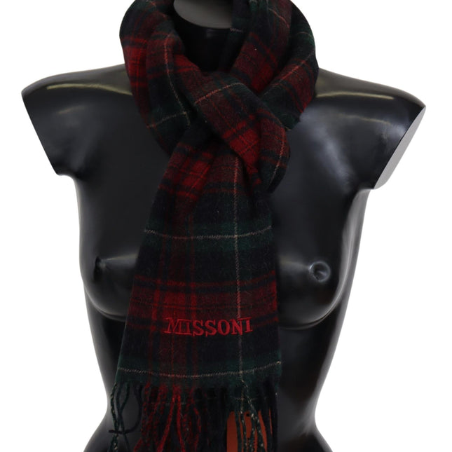 Missoni Black Red Check Wool Unisex Neck Wrap Fringes Scarf