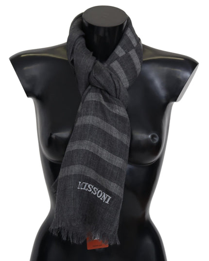 Missoni Gray Striped Wool Unisex Neck Wrap Fringes Scarf