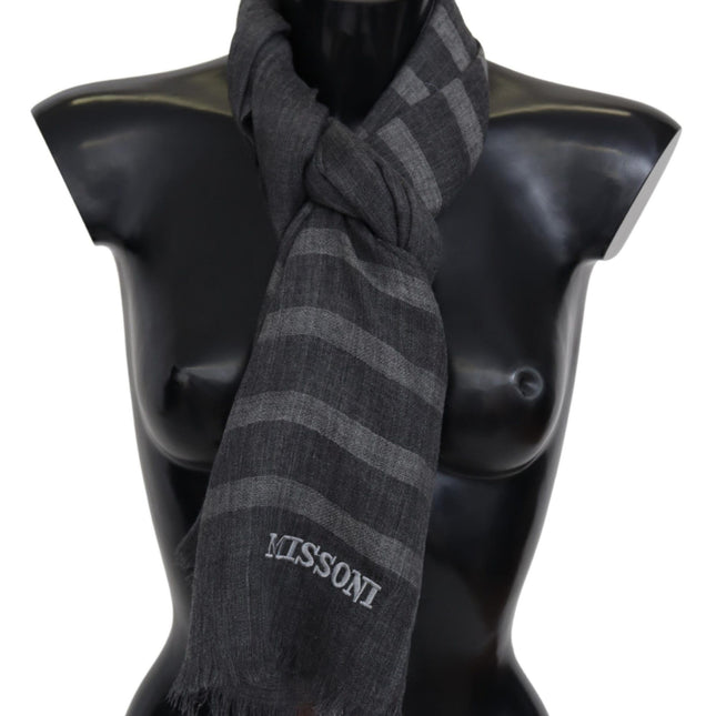 Missoni Gray Striped Wool Unisex Neck Wrap Fringes Scarf