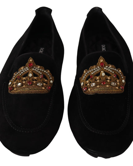 Dolce & Gabbana Black Leather Crystal Gold Crown Loafers Shoes