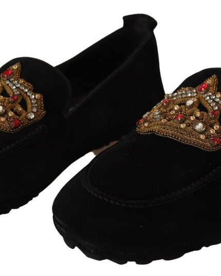 Dolce & Gabbana Black Leather Crystal Gold Crown Loafers Shoes