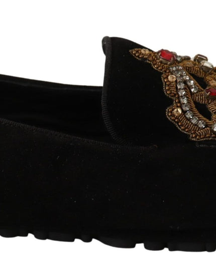Dolce & Gabbana Black Leather Crystal Gold Crown Loafers Shoes