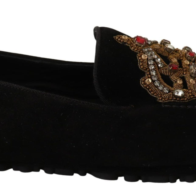 Dolce & Gabbana Black Leather Crystal Gold Crown Loafers Shoes