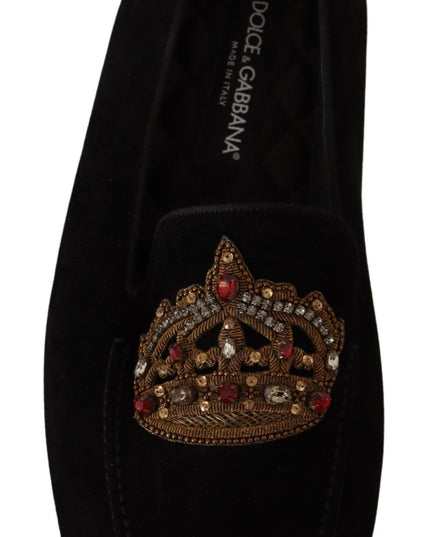Dolce & Gabbana Black Leather Crystal Gold Crown Loafers Shoes