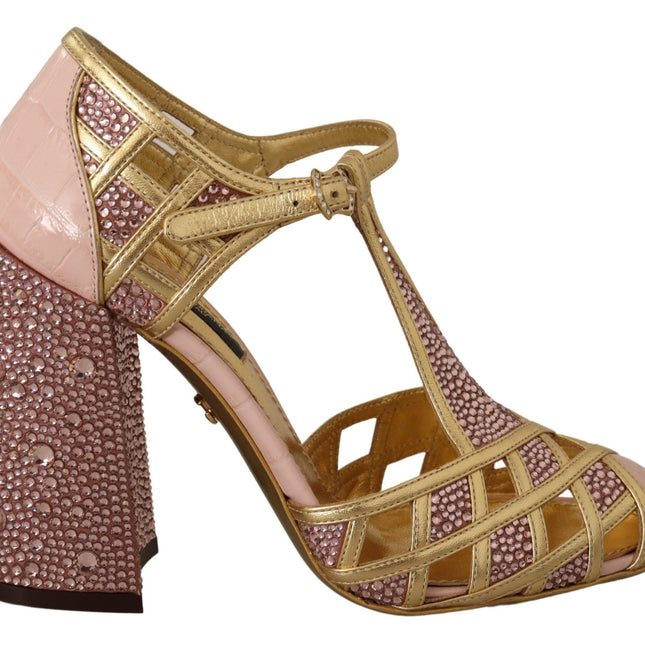 Dolce & Gabbana Pink Gold Leather Crystal Pumps T-strap Shoes