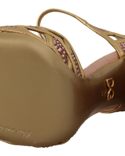 Dolce & Gabbana Pink Gold Leather Crystal Pumps T-strap Shoes