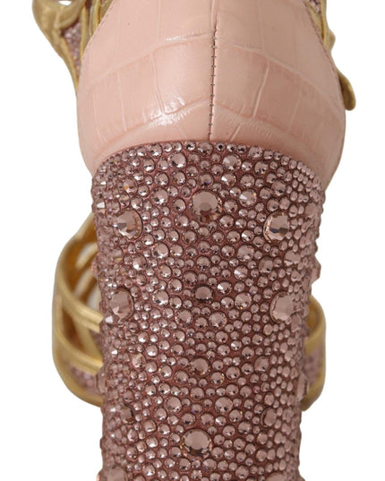 Dolce & Gabbana Pink Gold Leather Crystal Pumps T-strap Shoes