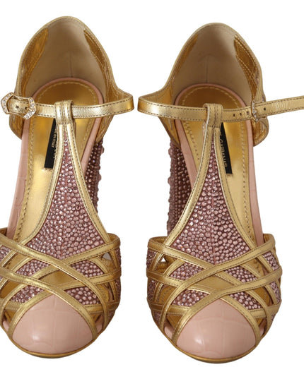 Dolce & Gabbana Pink Gold Leather Crystal Pumps T-strap Shoes