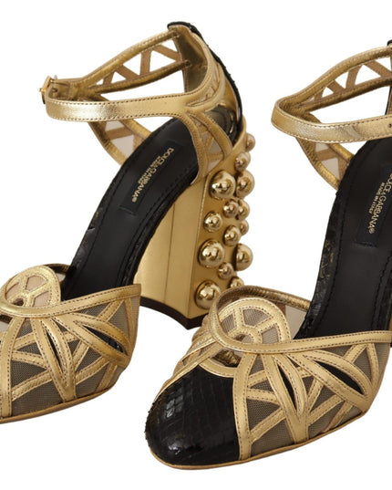 Dolce & Gabbana Black Gold Leather Studded Ankle Straps Shoes