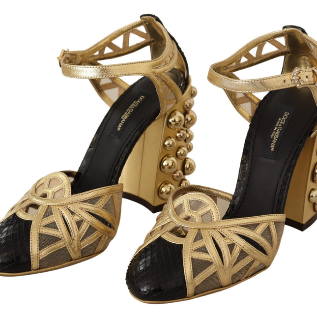 Dolce & Gabbana Black Gold Leather Studded Ankle Straps Shoes