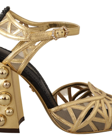 Dolce & Gabbana Black Gold Leather Studded Ankle Straps Shoes