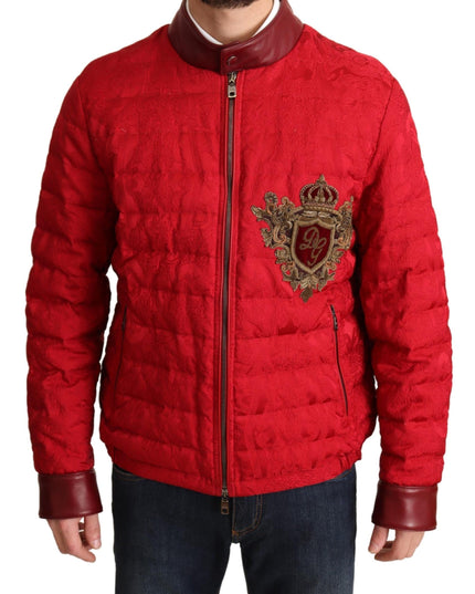 Dolce & Gabbana Red Brocade Bomber Gold Crown Logo Coat Jacket