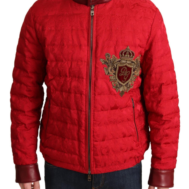 Dolce & Gabbana Red Brocade Bomber Gold Crown Logo Coat Jacket