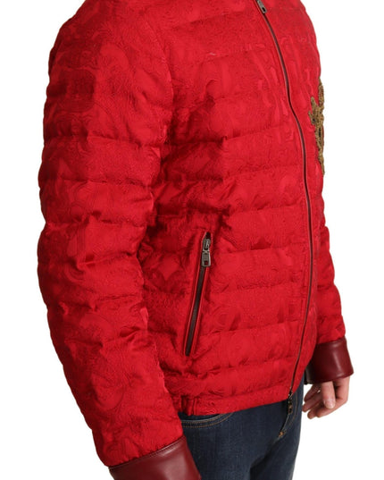 Dolce & Gabbana Red Brocade Bomber Gold Crown Logo Coat Jacket