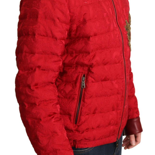 Dolce & Gabbana Red Brocade Bomber Gold Crown Logo Coat Jacket