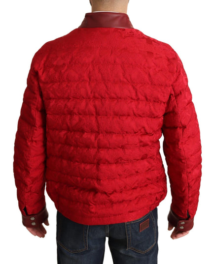 Dolce & Gabbana Red Brocade Bomber Gold Crown Logo Coat Jacket