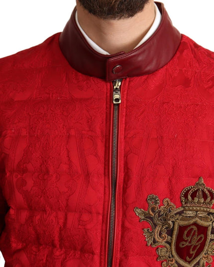 Dolce & Gabbana Red Brocade Bomber Gold Crown Logo Coat Jacket