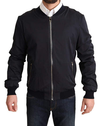 Dolce & Gabbana Blue Silk Coat Short Bomber Men Jacket