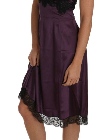 Dolce & Gabbana Purple Silk Stretch Black Lace A-Line Dress