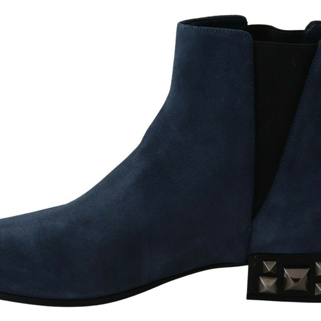 Dolce & Gabbana Blue Suede Embellished Studded Boots Shoes
