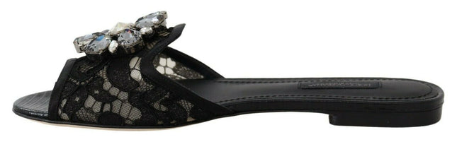 Dolce & Gabbana Black Taormina Lace Slides Crystals Flats Shoes