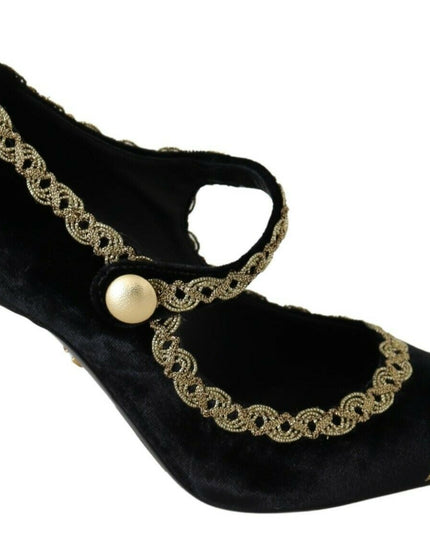 Dolce & Gabbana Black Embellished Velvet Mary Jane Pumps Shoes