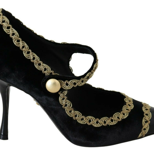 Dolce & Gabbana Black Embellished Velvet Mary Jane Pumps Shoes