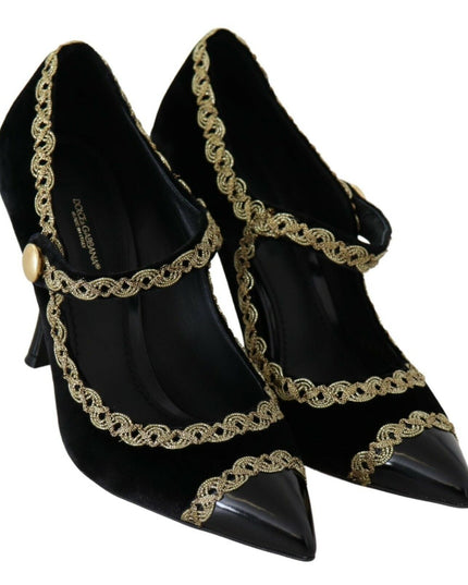 Dolce & Gabbana Black Embellished Velvet Mary Jane Pumps Shoes