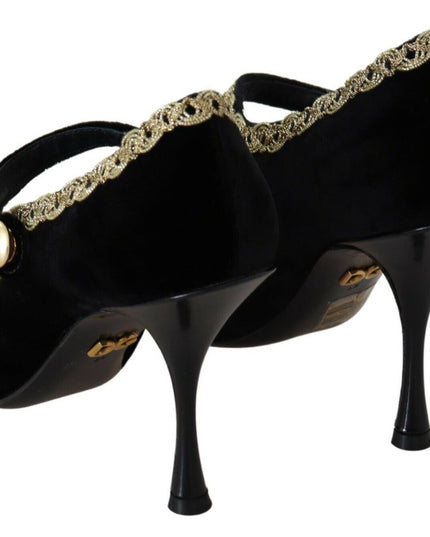 Dolce & Gabbana Black Embellished Velvet Mary Jane Pumps Shoes